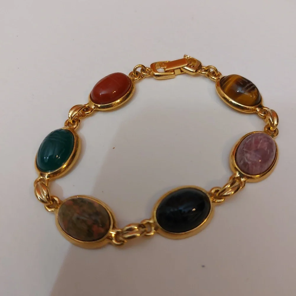 Multi Stones Scarab Bracelet Gold Tone Links Semiprecious Gems - Picture 2 of 9
